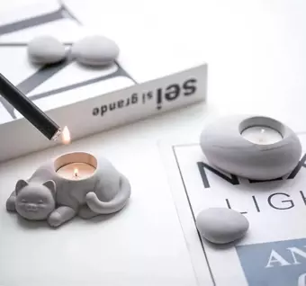 %100 Beton - Kedi Tealight Mumluk - Mum Hediyeli