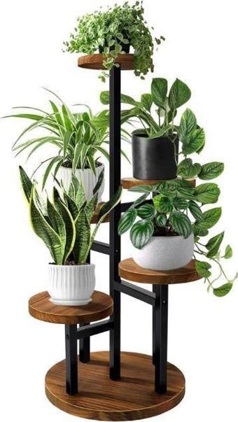 Çiçeklik 5 Raflı Saksılık Dekoratif 5 Raflı Çiçeklik Metal Doğal Ahşap Saksılık Çiçek Rafı Daire Model