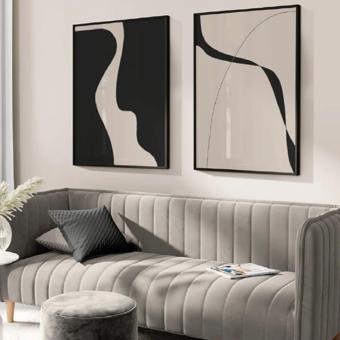 Black & Beige İkili Set Yağlı Boya Dokulu Tablo 60X90 Siyah Çerçeveli