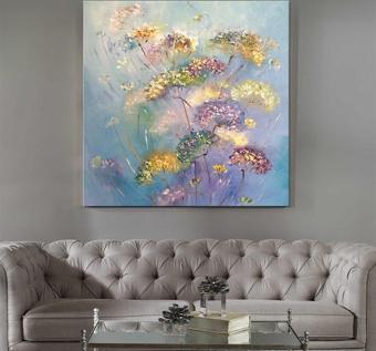 Çiçekler Yağlı Boya Dokulu Tablo 80X80 Çerçevesiz
