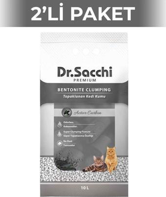 Dr.Sacchi Süper Emici Aktif Karbon Topaklanan Bentonit Doğal Kedi Kumu 10 lt 2 Adet