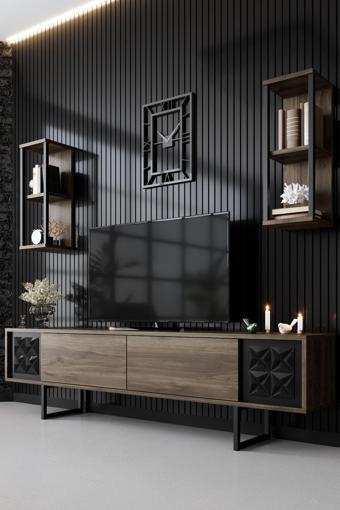 Modatte Black Line Demir Ayaklı Ceviz Tv Ünitesi Tv Sehpası