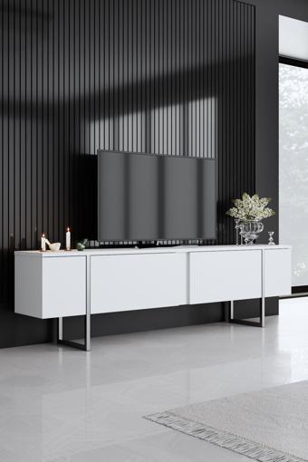 Modatte Luxe Gümüş Demir Ayaklı Beyaz Tv Sehpası Tv Ünitesi