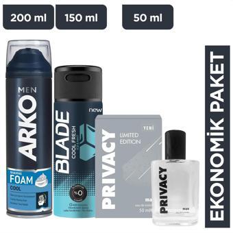 Arko Men Cool Tıraş Köpüğü+Privacy Men Limited Edition Edt Parfüm+Blade Cool Fresh Erkek Deodorant