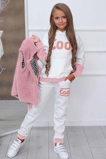 Kız Çocuk Cool Baskılı Kapüşonlu Sweatshirt ve Peluş Yelekli Pembe Eşofman Takım