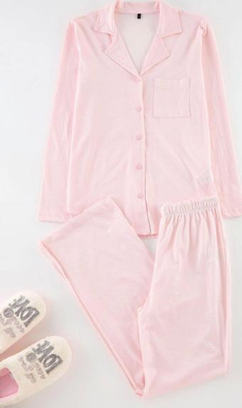 Tarz Rahat Uzun Kollu Boru Paça %100 Pamuklu Pötikareli Örme Pijama Takımı