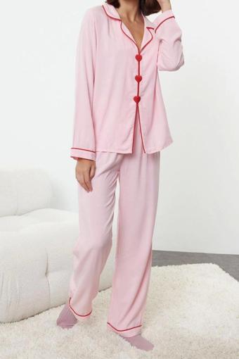 Tarz Rahat Uzun Kollu Boru Paça Kalpli Biyeli Viskon Dokuma Pijama Takımı