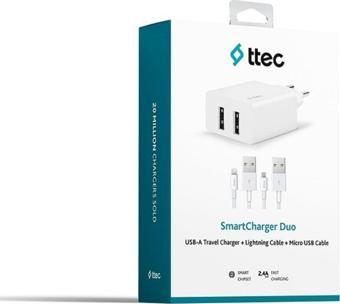 Ttec Smartcharger Duo 2.4A Seyahat Sarj Aleti Cift Usb+ Lightning ve Micro Kablo Beyaz 2SCS21DB