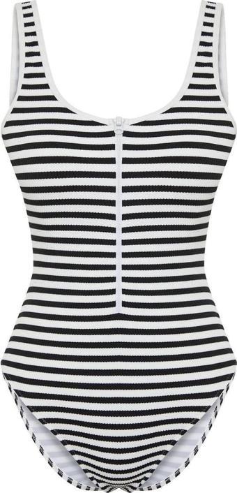Kadın Moda Atma Kap Askılı Brief Yaka Siyah-Beyaz Fermuarlı Dokulu Regular Mayo