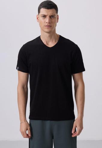 Siyah Basic Kısa Kol Standart Kalıp V Yaka Erkek T-Shirt - 87912