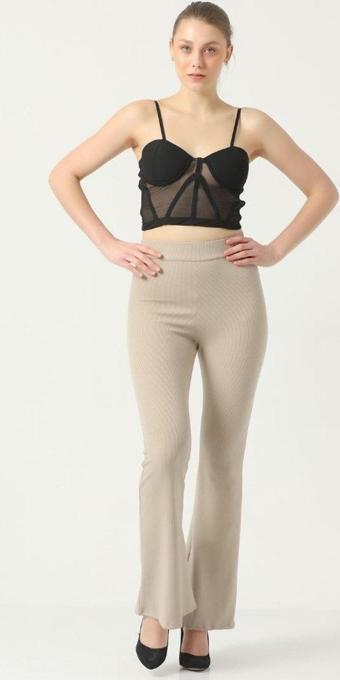 Dynamic Leggings Fitilli Kadın Yüksek Bel Dikişsiz Toparlayıcı Ispanyol Paça Tayt Bej S