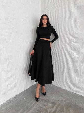 Ozy Fashion Kadın Süet Siyah Renk Kloş Etek Siyah L
