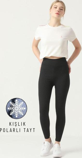 Ozy Fashion Kışlık Polarlı Fitilli Kadın Yüksek Bel Dikişsiz Tayt Siyah M