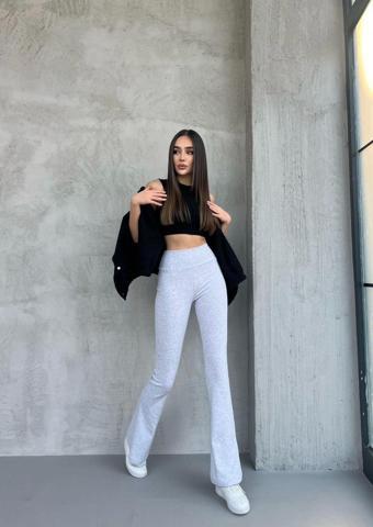 Ozy Fashion Kadın İspanyol Paça Yüksek Bel,Geniş Kemer Penye Tayt Açık Gri M