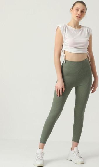 Ozy Fashion Kadın Fitilli Yüksek Bel Dikişsiz Tayt Çağla Yeşili L