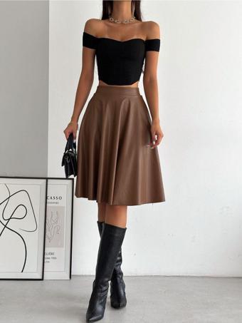 Ozy Fashion Taba Renk Yüksek Bel,İçi Şardonlu,Beli Lastikli,Deri Kloş Etek Taba S
