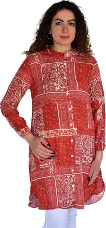 Kadın Uzun Pano Baskılı Desen Viscon Bluz BGL-ST04295