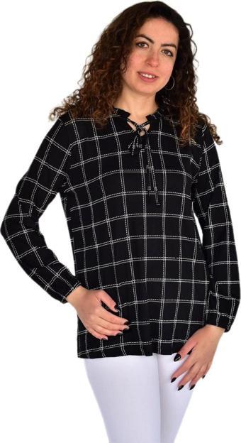 Kadın Çizgi Kareli Baskılı Desen Viscon Bluz BGL-ST04294