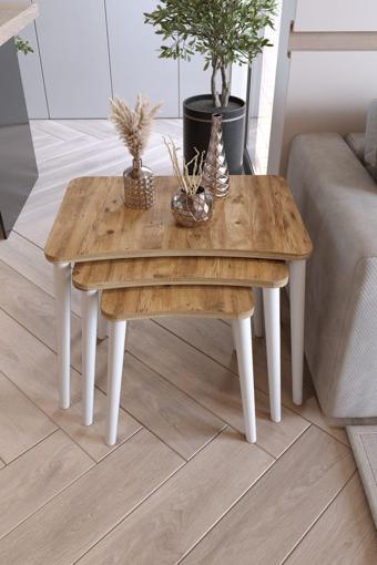 Zuesse Dizayn Beyza 3lü Zigon Sehpa & Yan Sehpa Beyaz Ahşap Ayaklı Salon Seti Çay Sehpası - Çam 60x40 cm