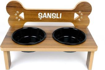 Köpek büyük ırk Mama Standı (18 mmMDF ahşap hareli ceviz) (1000 ML BEYAZ /SİYAH Seramik)