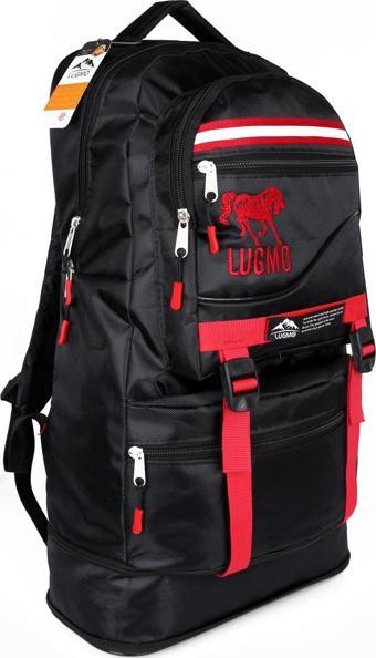 Lugmo Reflektörlü Dağcı Sırt Çantası Deprem Çantası Körüklü 65 Litre Siyah Kırmızı