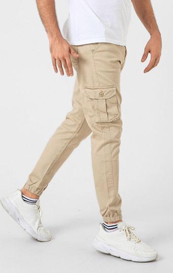 Kargo Cepli, Fermuarlı Paça Lastikli Esnek Kumaş Slim Fit  Gabardin Erkek Kargo Pantolon