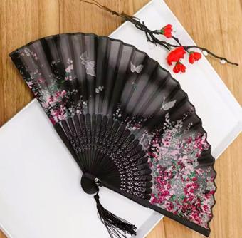 - Vintage Bambu Beyaz Çiçek Ve Kelebek Desenli Şık Japon Yelpaze Özel Tasarım