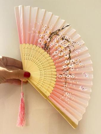 Bambu Yelpaze Çiçek Desenli Şık Yelpaze