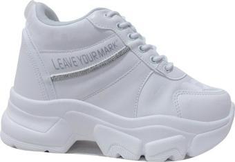 Flet Beyaz Gümüş Yüksek Topuklu Bağcıklı Sneakers Spor Ayakkabı