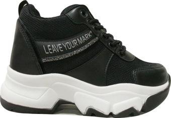 Flet Siyah Beyaz Yüksek Topuklu Bağcıklı Sneakers Spor Ayakkabı