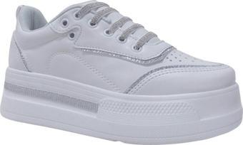 Flet Beyaz Gümüş Yüksek Topuklu Lastik Bağcıklı Sneakers Spor Ayakkabı