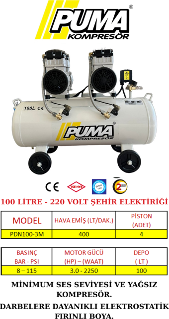 Puma 100 LİTRE YAĞSIZ SES DESİBELİ DÜŞÜK KOMPRESÖR (3 HP)