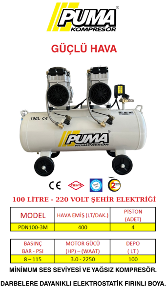 Puma 100 LİTRE YAĞSIZ SES DESİBELİ DÜŞÜK KOMPRESÖR (3 HP)