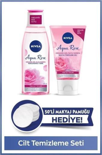 Aqua Rose Yüz Temizleme Seti,tonik 200ml,yüz Temizleyici Jel,gül Suyu,makyaj Pamuğu Hediye