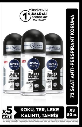 Men Erkek Roll-on Deodorant Black&white Original 50ml, 48 Saat Koruma, X3 Adet