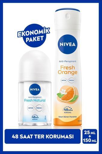 NIVEA Kadın Sprey Deodorant Fresh Orange 150ml ve Mini Roll-on Fresh Natural 25ml, 48 Saat Koruma