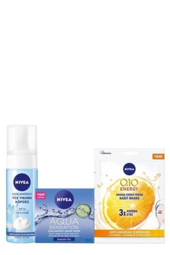 NİVEA YÜZ TEMİZLEME KÖPÜĞÜ 150 ML NORMAL CİLTLER İÇİN+AQUA SENSATION KREM + Q10 KAĞIT MASKE