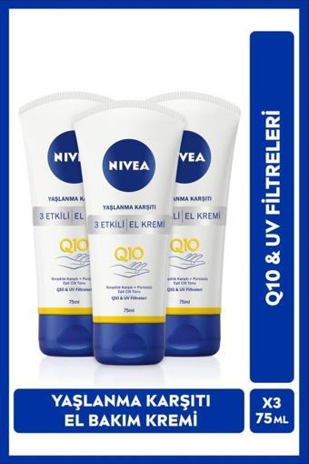 Q10 Yaşlanma Karşıtı 3 Etkili El Bakım Kremi 75ml, UV Filtresi, Nemlendirici, Eşit Cilt Tonu,X3 Adet