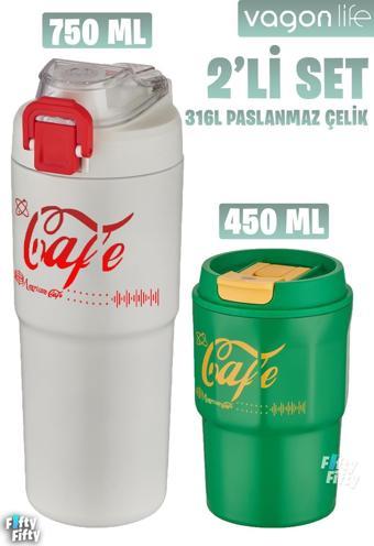 Vagonlife 2'li Çelik Termos-Kahve Bardağı Seti 750ML Çift Kullanım Termos//450ML Mug Kahve Bardağı