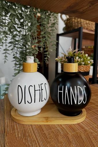 2’li Hands Dishes Siyah Beyaz Dekoratif Mutfak Banyo Sıvı Cam Sabunluk Seti 550ml Bambu Stantlı Set