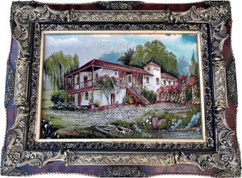 Denizli Konağı Adlı İran Tebriz Halı Tablo 95x74cm - Duvar Halı Kilim Tablo