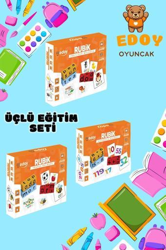 Edoy Montessori Eğitici Üçlü Oyun Seti-Rubik Matematik-Türkçe-İngilizce Bulmaca Kutu Oyunu Eğitim Seti