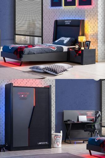 Gamer Ledli Genç Odası - 2 Kapılı Dolap, Karyola, Komodin, Masa