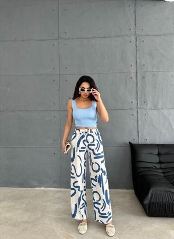 Ozy Fashion Yüksek Bel,Beli Lastikli,Cepli Flamlı Keten Bol Paça Yazlık  Mavi-Bej Yuvarlak Desenli Pantolon Mavi - Bej M