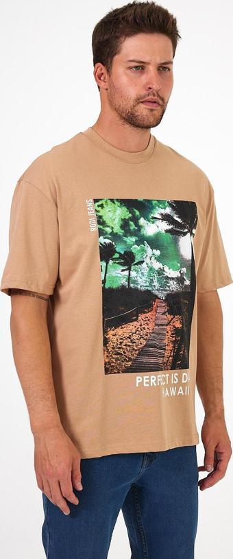 Erkek Bisiklet Yaka Hawaıı Baskılı T-shirt 7021