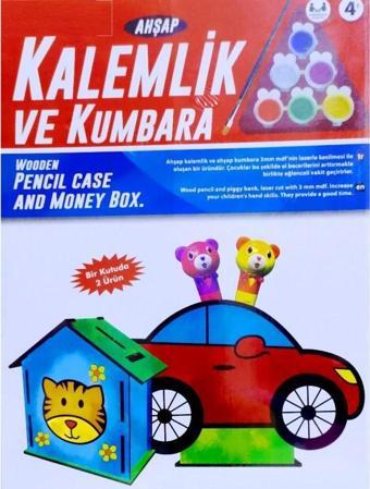 VIP KALİTE MAKET AHŞAP KALEMLİK AHŞAP KUMBARA SETİ 6 AKRİLİK BOYA SETİ AHŞAP ARABALI KALEMLİK
