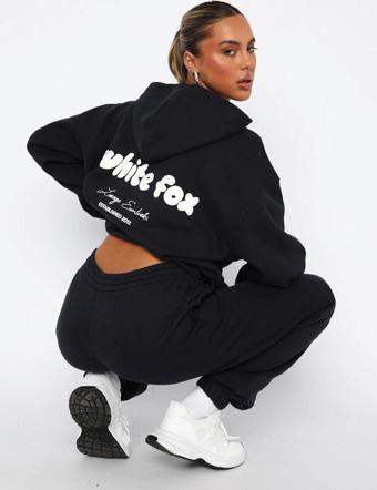 The Champ Clothing White Fox Siyah Kadın Era 8 Lounge Essentials Yazılı Kapüşonlu Oversize Hoodie