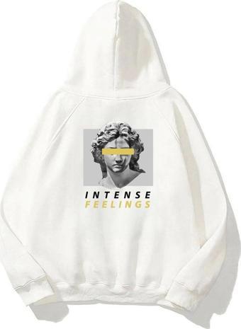The Champ Clothing Kapüşonlu Içi Polar Intense Feelings Yazılı Heykel Baskılı Beyaz Hoodie Unisex Sweatshirt