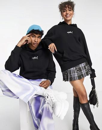 The Champ Clothing Kapüşonlu Içi Polar Shark Baskılı Siyah Oversize Hoodie Sweatshirt