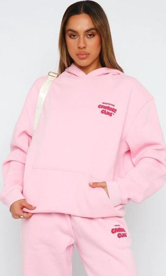 The Champ Clothing White Fox Pembe Unisex Comfort Club Yazılı Kapüşonlu Oversize Hoodie